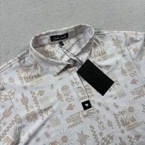 Bad Birdie Core Polo Shirt Womens Large Beige Dry Heat Stucco Print Performance